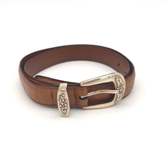 Genuine Leather Western Belt Medium Brown‎ Floral Silver Buckle Boho Country - Picture 2 of 9